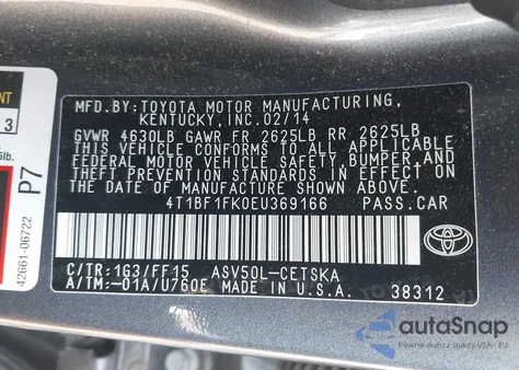 2014 Toyota Camry Se from USA, damaged, VIN 4T1BF1FK0EU369166